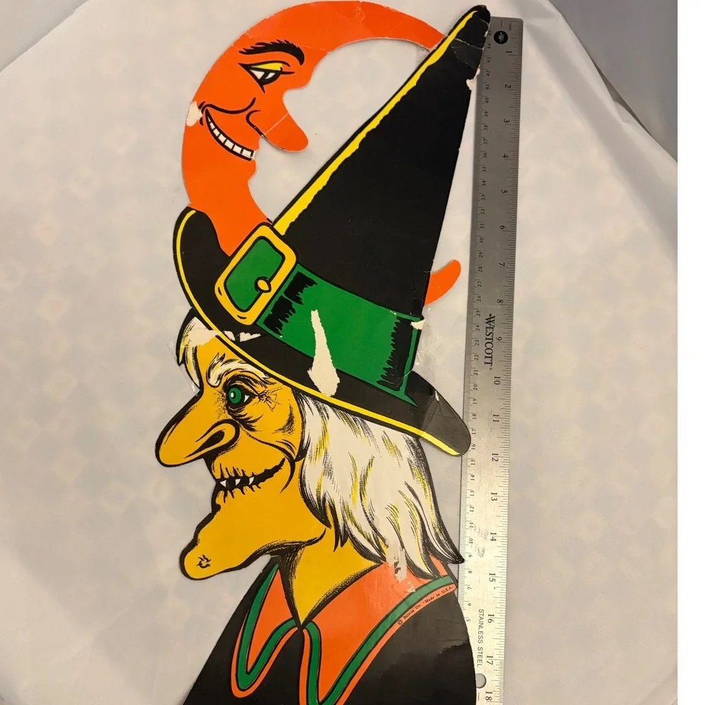 Vintage Beistle Halloween Witch Moon Decoration Die‎ Cut USA Spooky Decor *read